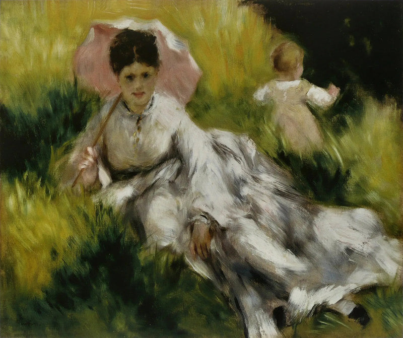 Donna con un parasole e un bambino su una collina soleggiata - Pierre-Auguste Renoir