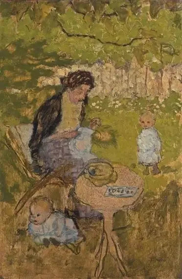 Donna che cuce in un giardino (con bambini) - Pierre Bonnard
