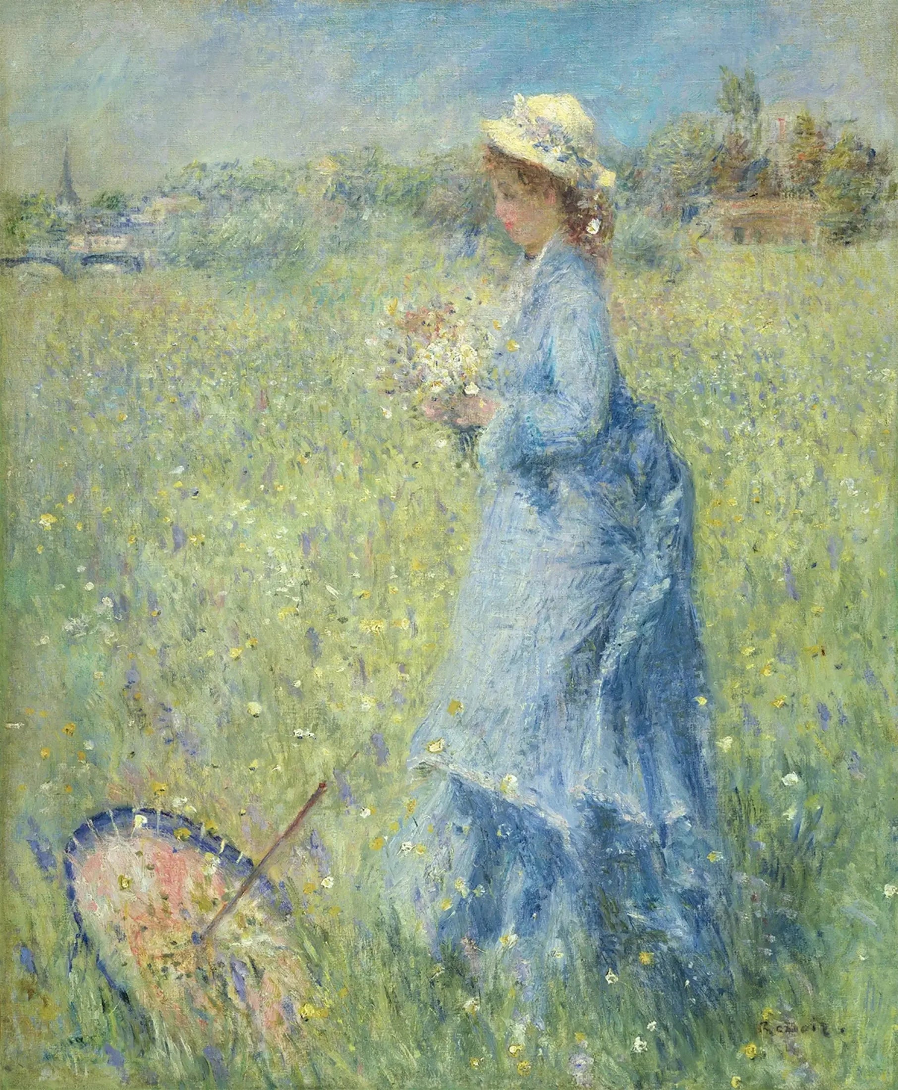 Femme cueillant des Fleurs - Pierre-Auguste Renoir image 1 reproduction de peinture à l’huile