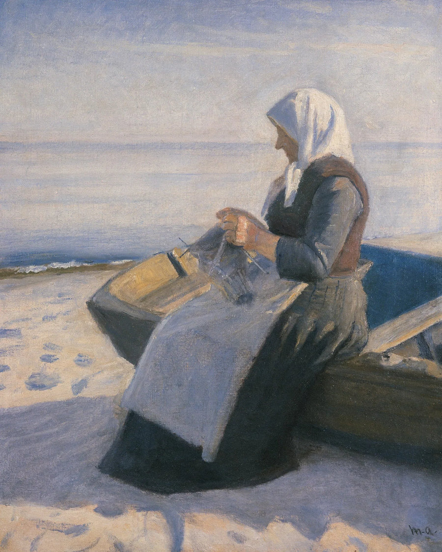 La moglie del pescatore lavora a maglia sulla spiaggia di Skagen - Michael Peter Ancher