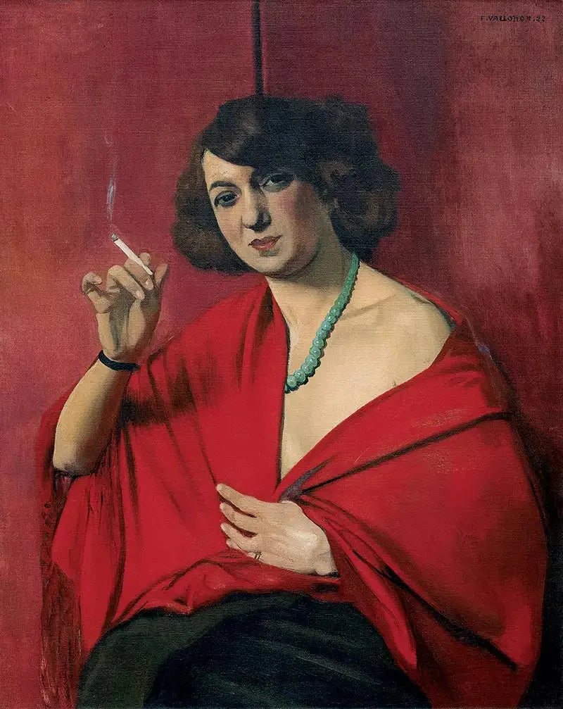 Donna avvolta in rosso che tiene una sigaretta - Félix Vallotton