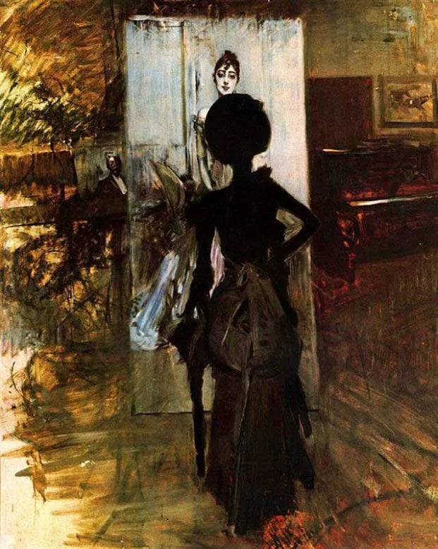 Donna in nero che osserva il « Pastel blanc » - Giovanni Boldini