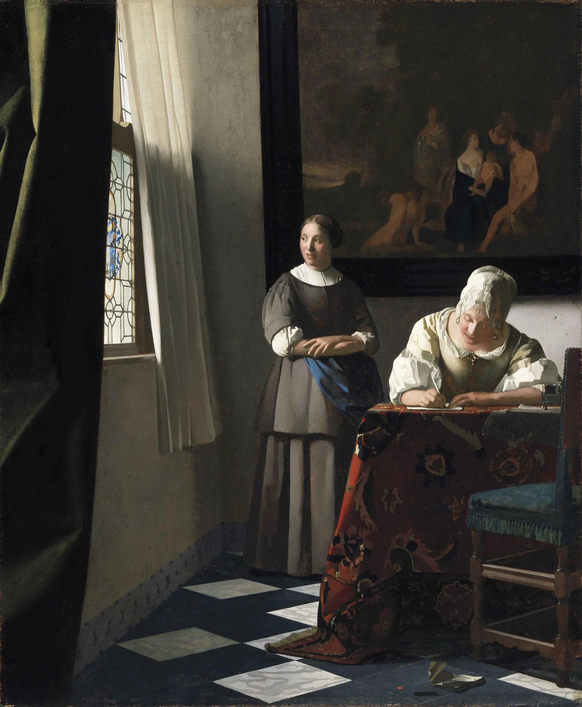 Femme écrivant une lettre et sa servante de Vermeer – reproduction peinture à l’huile sur toile