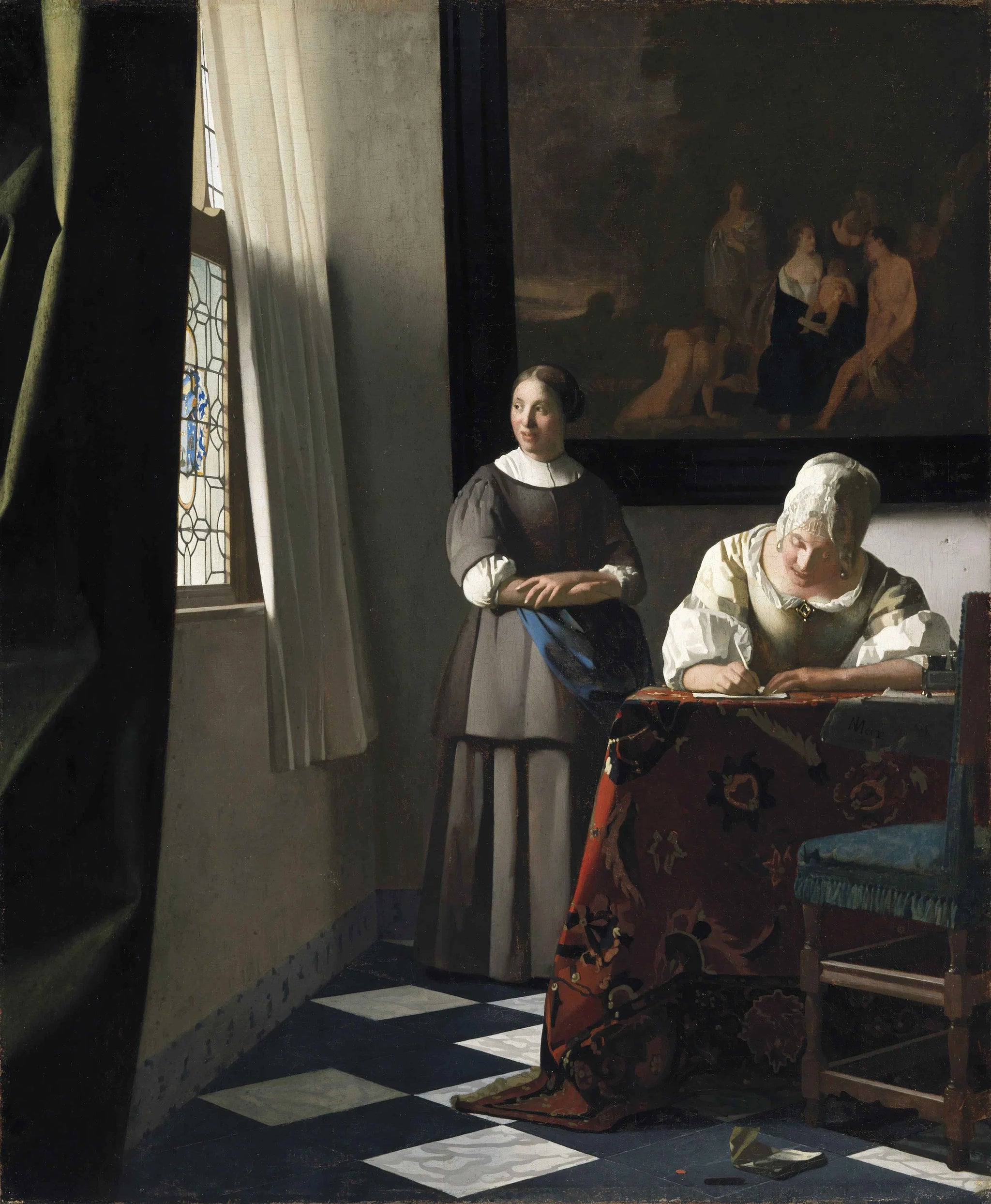 Femme écrivant une lettre et sa servante de Vermeer – reproduction peinture à l’huile sur toile