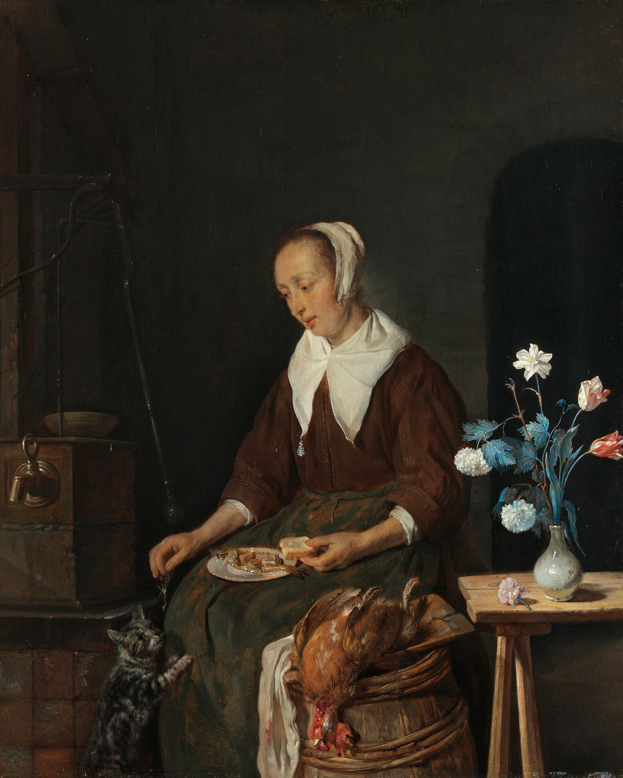 Femme mangeant, connue sous le nom de « Petit-déjeuner du chat » - Gabriel Metsu image 1 reproduction d’œuvre d’art à l’huile