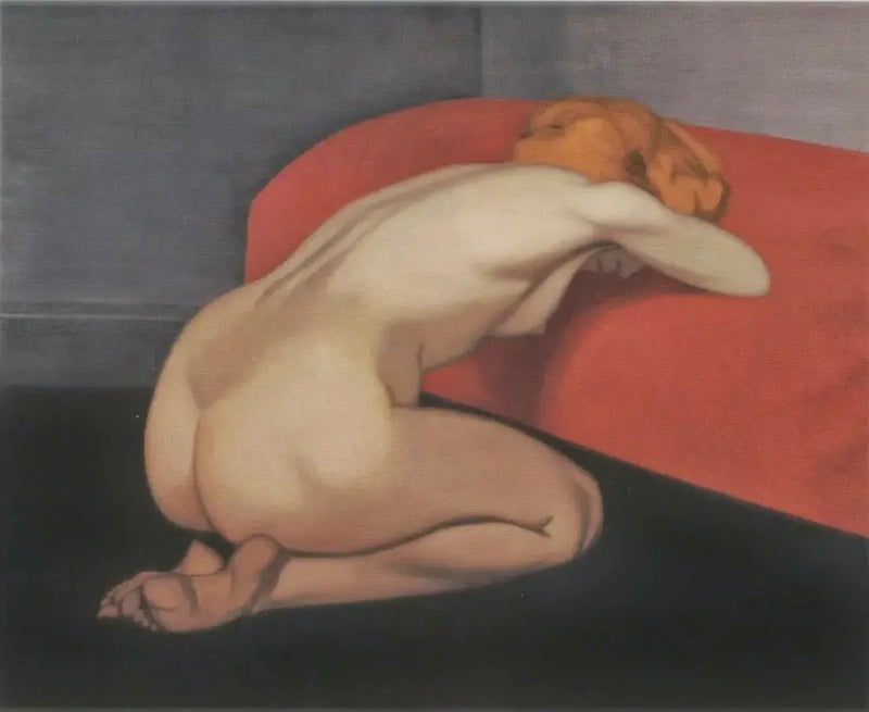 Donna nuda inginocchiata davanti a un divano rosso - Félix Vallotton