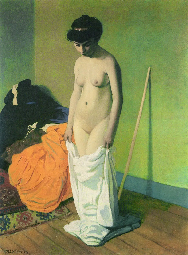 Donna nuda in piedi che tiene la camicia con entrambe le mani - Félix Vallotton