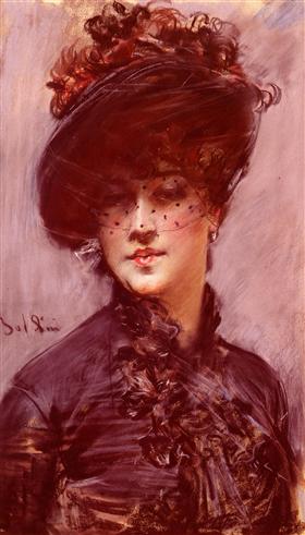 Femme portant un chapeau noir et un voile - Giovanni Boldini image 1 copie de tableau peinte à la main