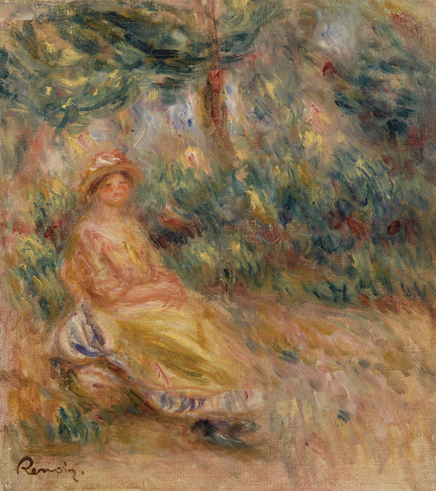 Donna in rosa e giallo in un paesaggio - Pierre-Auguste Renoir