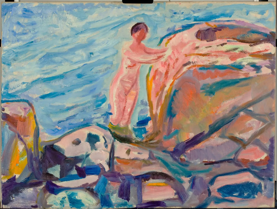 Donna che si fa il bagno vicino a una scogliera rossa - Edvard Munch