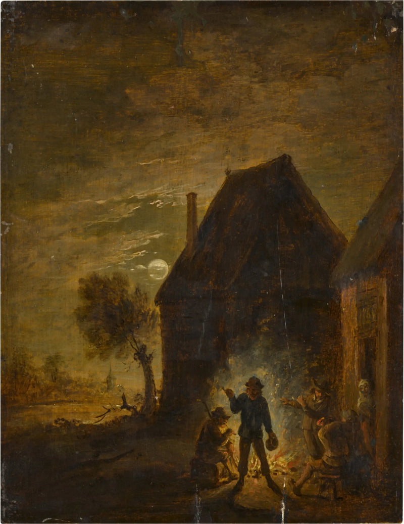 Fermo al chiaro di luna con personaggi intorno a un fuoco - David Teniers il Giovane