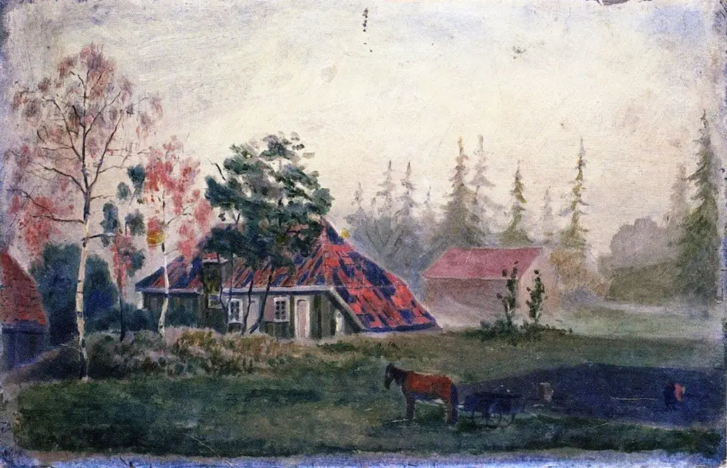 Reproduction du tableau « Ferme Cheval et Wagon devant les bâtiments - Edvard Munch » par Alpha Reproduction en peinture à l’huile
