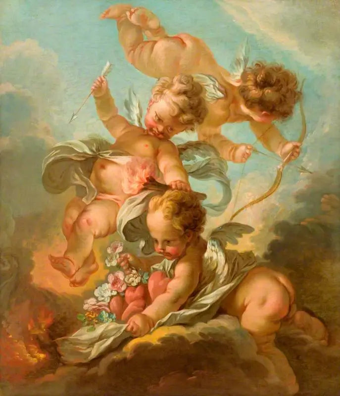 Fuoco : Tre putti che tengono un arco e una freccia, una torcia accesa e un mantello contenente cuori e fiori - François Boucher