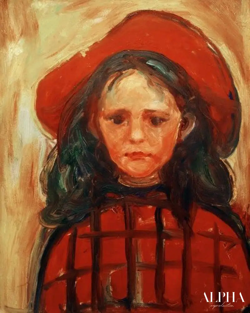 Fille en robe rouge à carreaux et chapeau rouge - Edvard Munch - Reproductions de tableaux et peintures haut de gamme