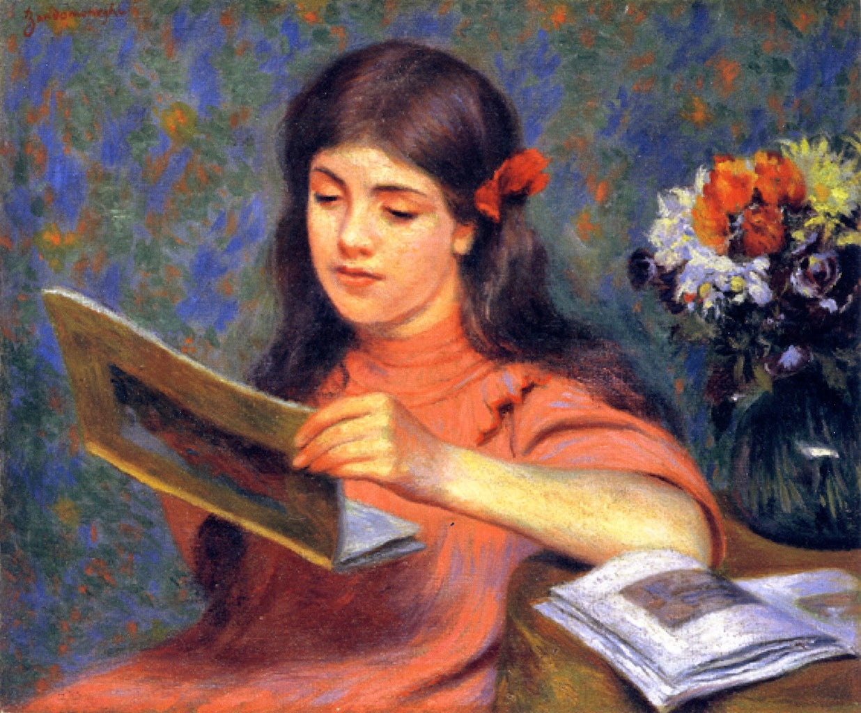 Fille regardant un livre - Federico Zandomeneghi image 1 copie peinte à la main à l’huile