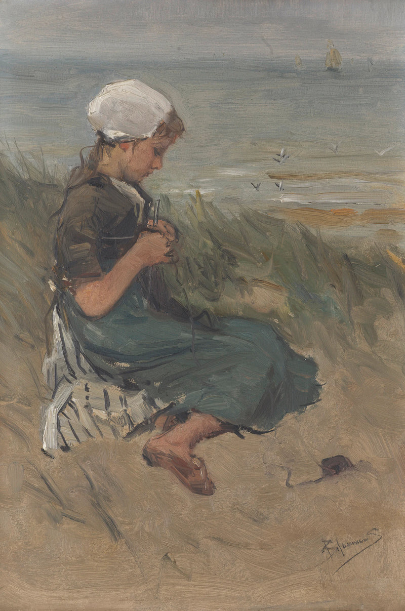 Fille tricotant sur une dune - Bernard Blommers