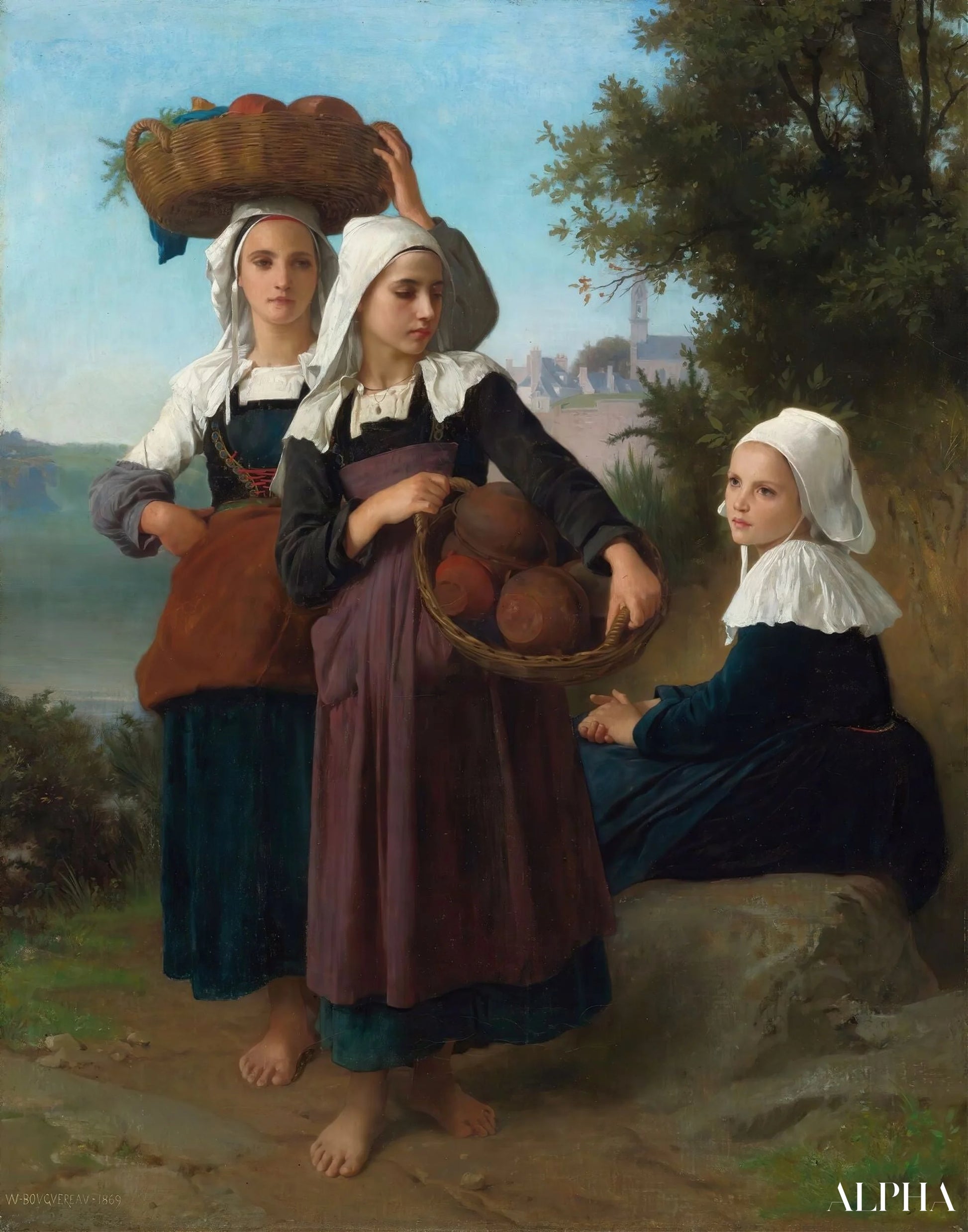 Ragazze di Fouesnant che tornano dal mercato - William Bouguereau Riproduzioni di dipinti a olio
