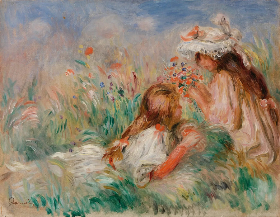 Ragazza sdraiata sull'erba e giovane donna che sistema un bouquet - Pierre-Auguste Renoir