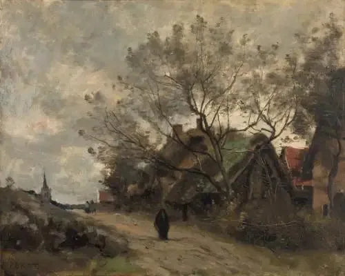 Flesselles. Casette viste attraverso gli alberi ai margini di una strada - Jean-Baptiste Camille Corot