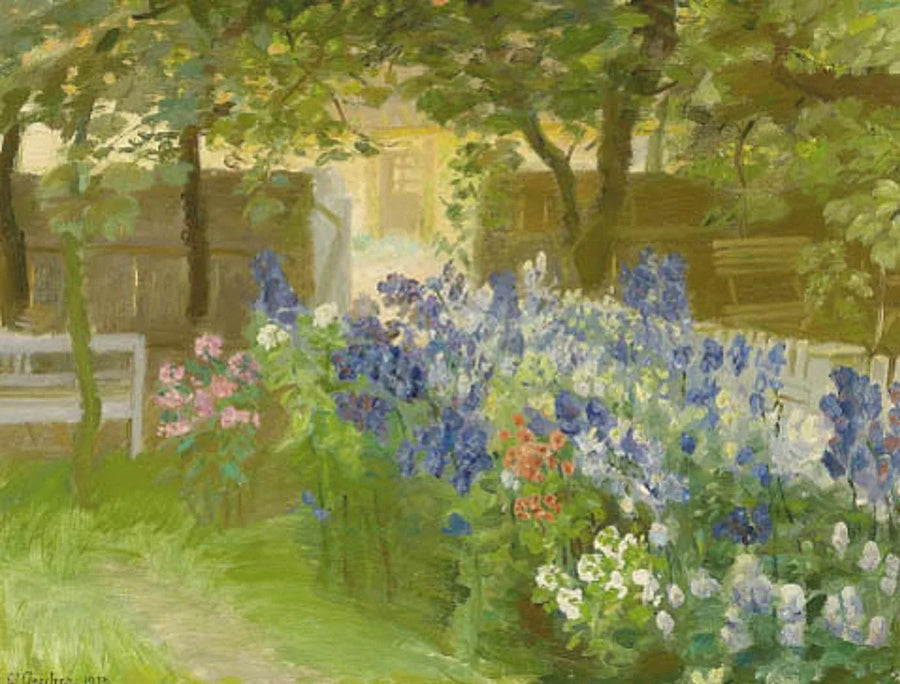 Fiori nel giardino di Bründum, vista verso "Rullestuen". - Anna Ancher