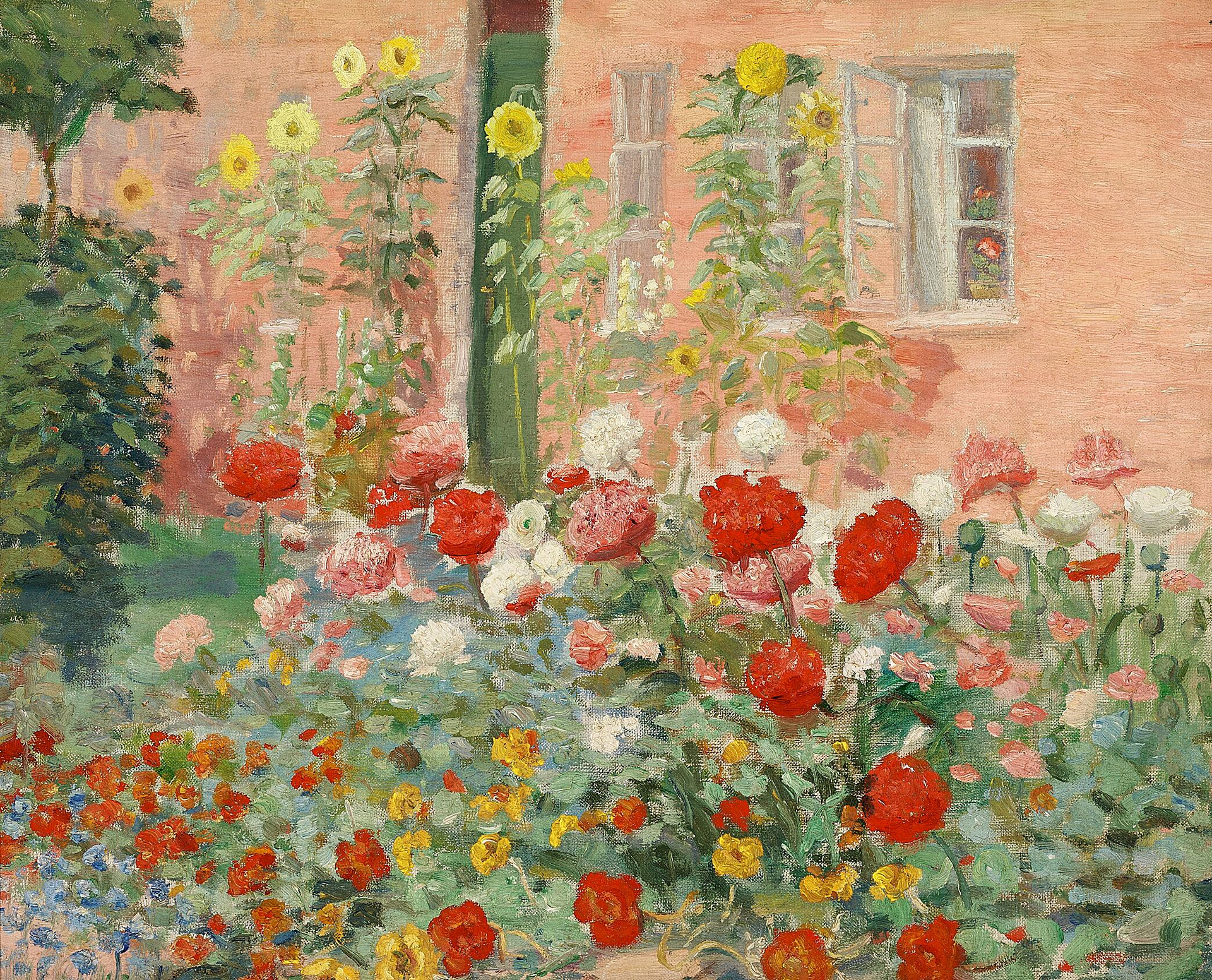 Fleurs dans le jardin de la famille Ancher à Markvej à Skagen. - Anna Ancher image 1 reproduction de peinture à l’huile