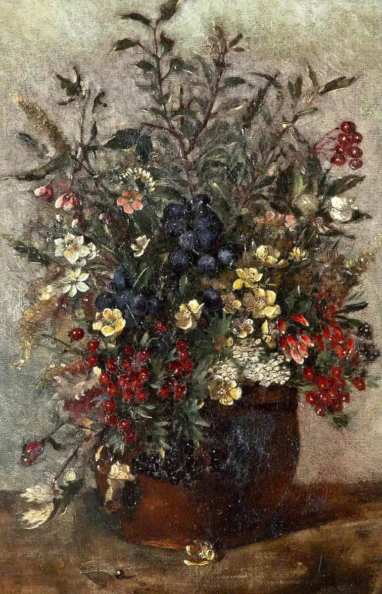 Fiori di campo e bacche in un vaso marrone - John Constable