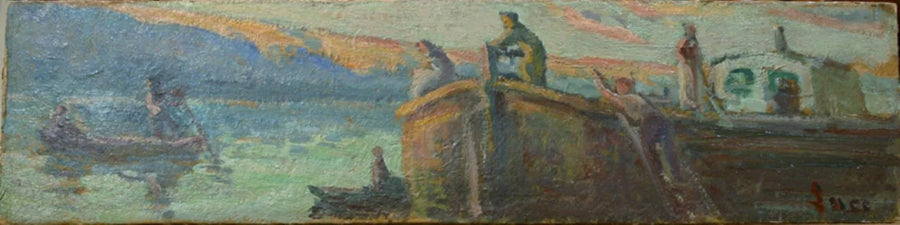 Paesaggio fluviale con carrozzina e bambino - Maximilien Luce