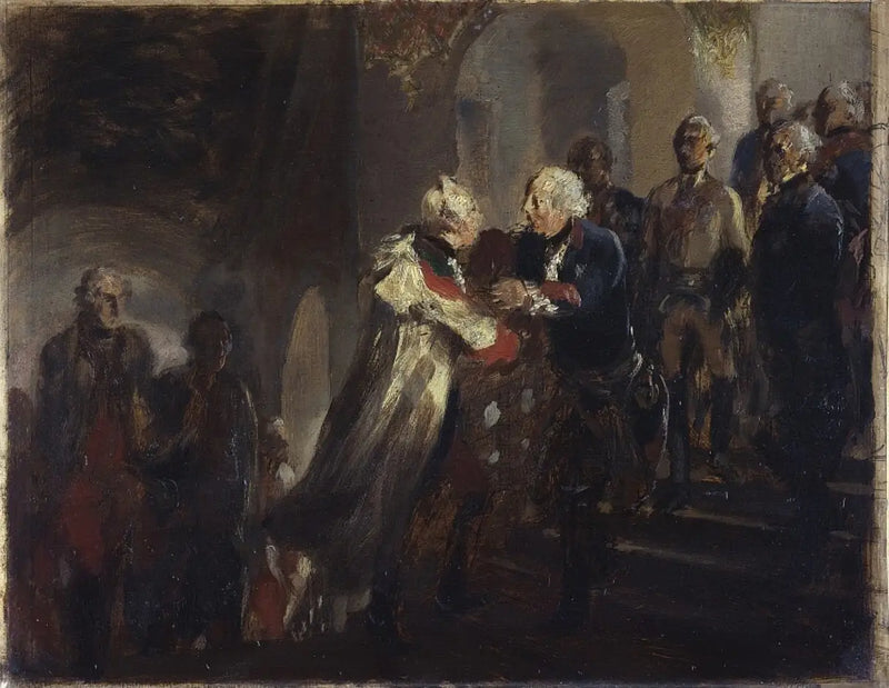 Federico il Grande e l'imperatore Giuseppe II si incontrano a Neisse nel 1769 (Schizzo) - Adolph von Menzel
