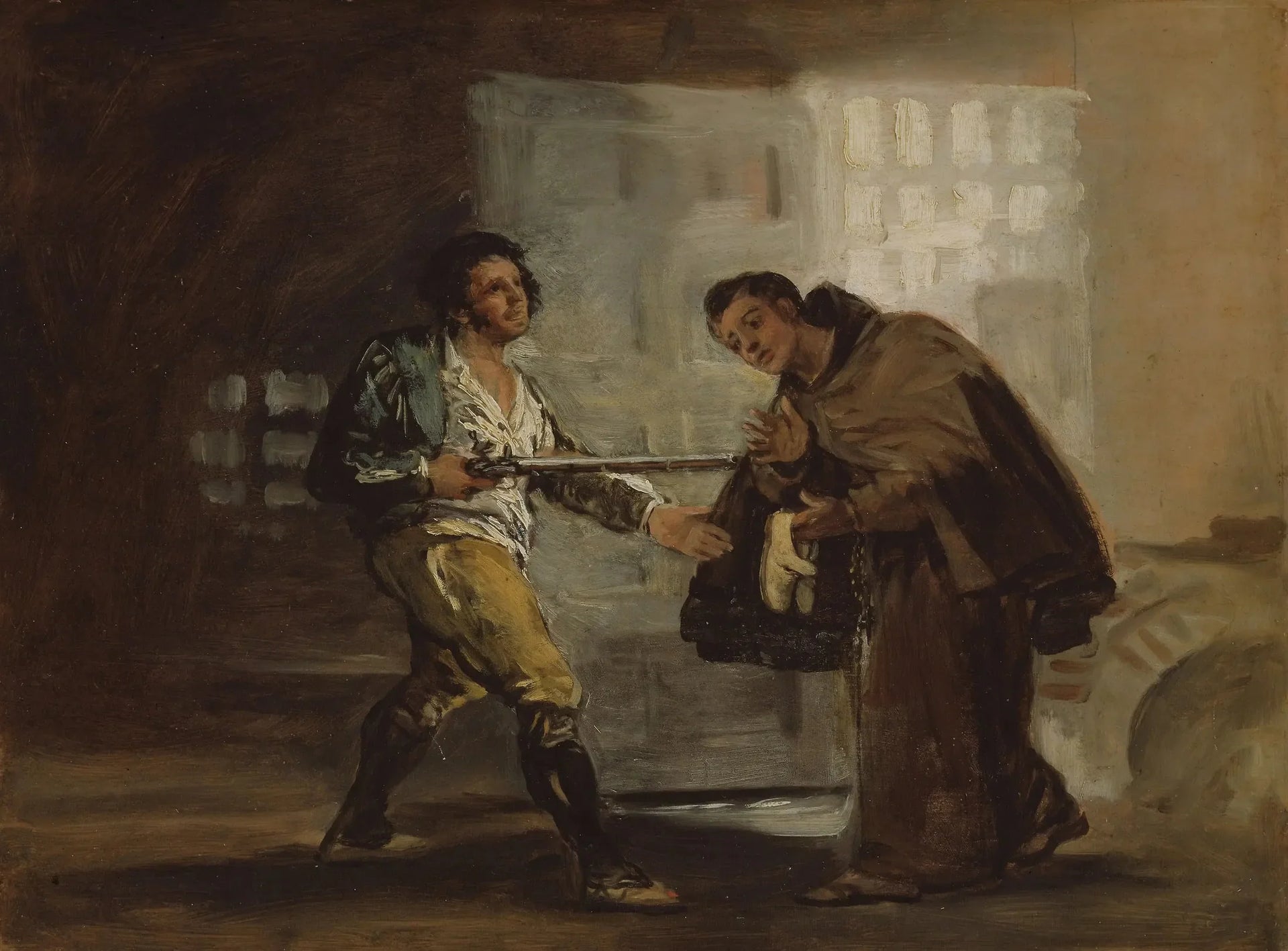 Frère Pedro offre des chaussures à El Maragato et se prépare à mettre de côté son arme - Francisco de Goya image 1 tableau peint à l’huile sur toile