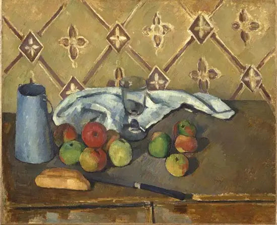 Frutta, tovagliolo e scatola del latte - Paul Cézanne