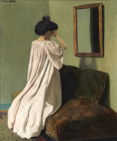 Gabrielle Vallotton inginocchiata davanti a uno specchio sul divano dell'atelier di rue des Belles-Feuilles - Félix Vallotton