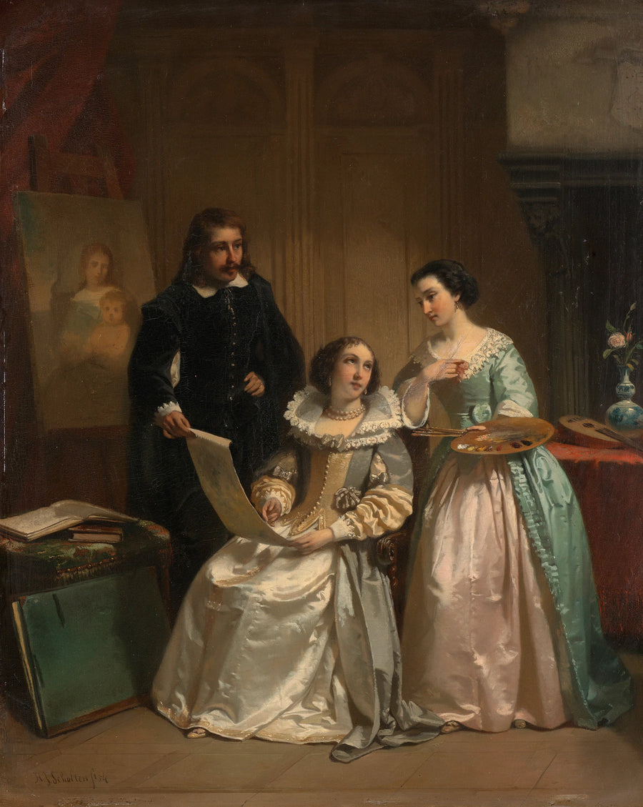 Gerard van Honthorst montre à Amalia van Solms les dessins de son élève Louise van Bohemen - Hendrik Jacobus Scholten