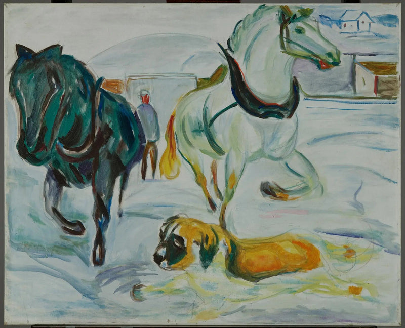 Gruppo di cavalli e San Bernardo nella neve - Edvard Munch