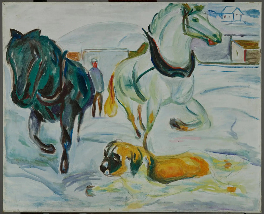 Gruppo di cavalli e San Bernardo nella neve - Edvard Munch