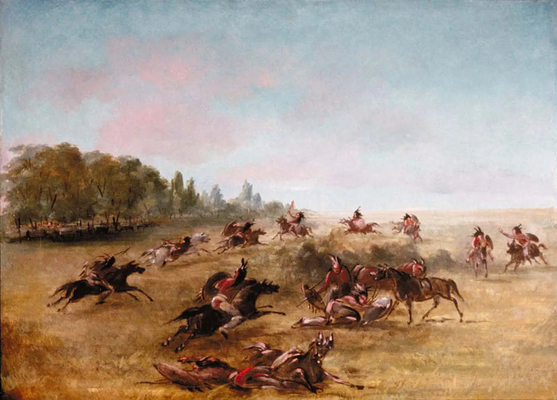 Gruppo di guerra montato che attraversa un cespuglio - George Catlin