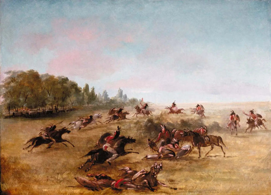 Gruppo di guerra montato che attraversa un cespuglio - George Catlin