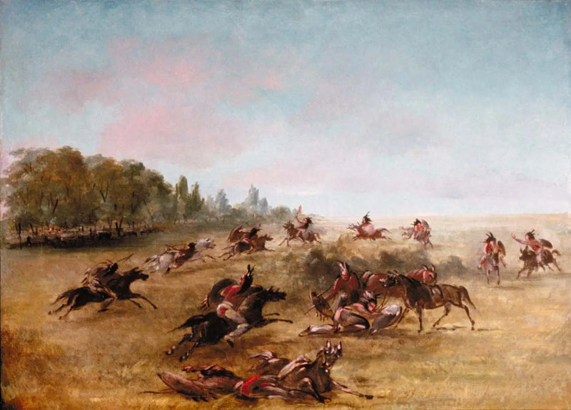 Gruppo di guerra montato che attraversa un cespuglio - George Catlin