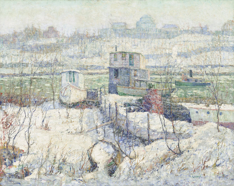 Rimessa per barche, inverno, fiume Harlem - Ernest Lawson