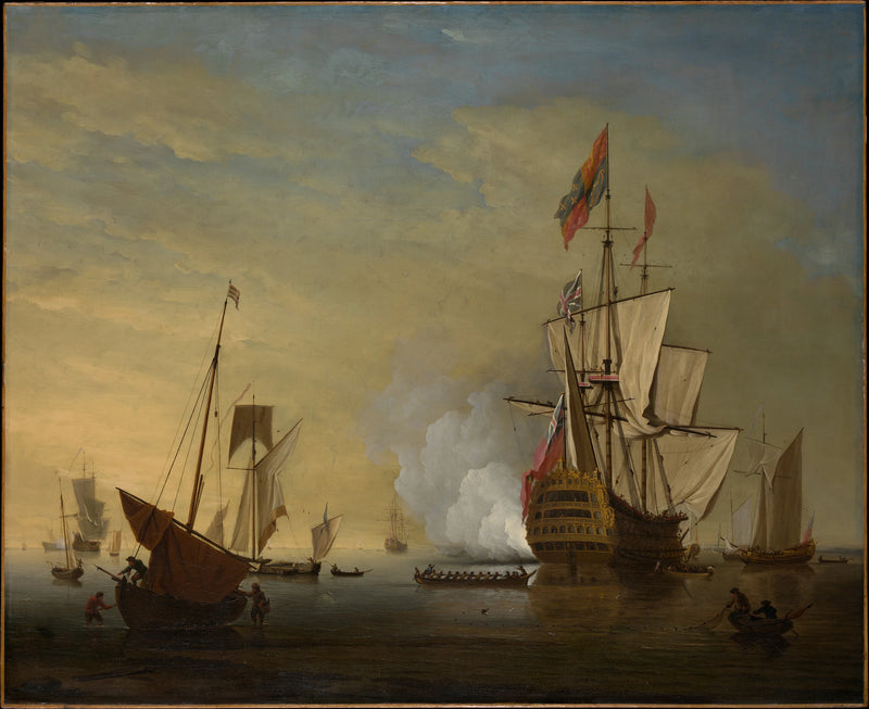 Harbor Scene: An English Ship with Sails Loosened Firing a Gun - Peter Monamy