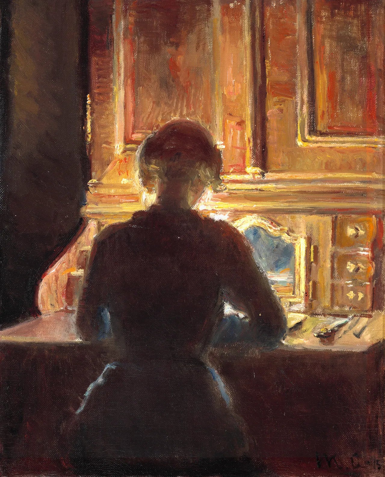 Helga assise dans l'atelier de Michael Ancher dans son bureau en noyer rococo Ortmann à Markvej. - Michael Peter Ancher image 1 tableau peint à l’huile sur toile
