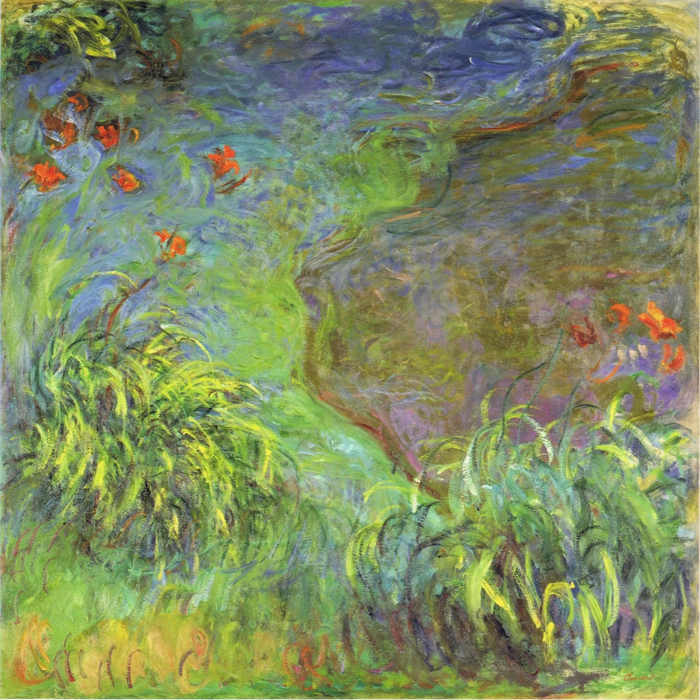 Hémérocalles au bord de l’eau de Claude Monet, 1914–1917 – collection particulière, 200 × 200 cm, Wildenstein 1819