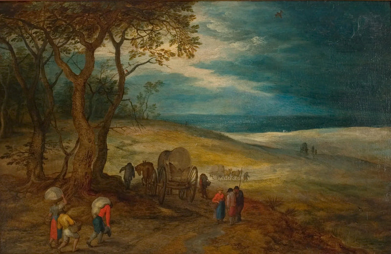 Heuvelachtig landschap met voetvolk en huifkarren - Jan Brueghel l’Ancien