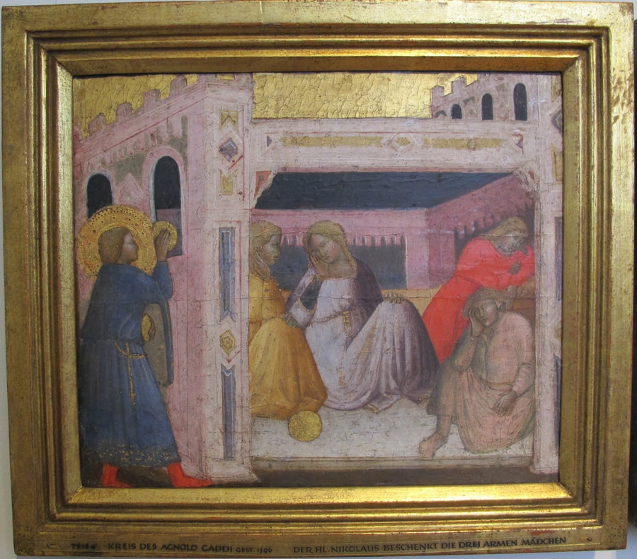 Storie di San Nicola. San Nicola offre dei regali a tre ragazze della piscina. - Agnolo Gaddi