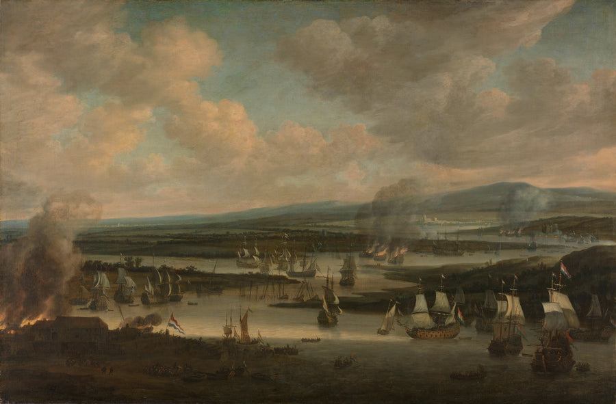 L'incendie de la flotte anglaise à Chatham, juin 1667, pendant la Seconde Guerre anglo-néerlandaise (1665-1667) - Willem Schellinks