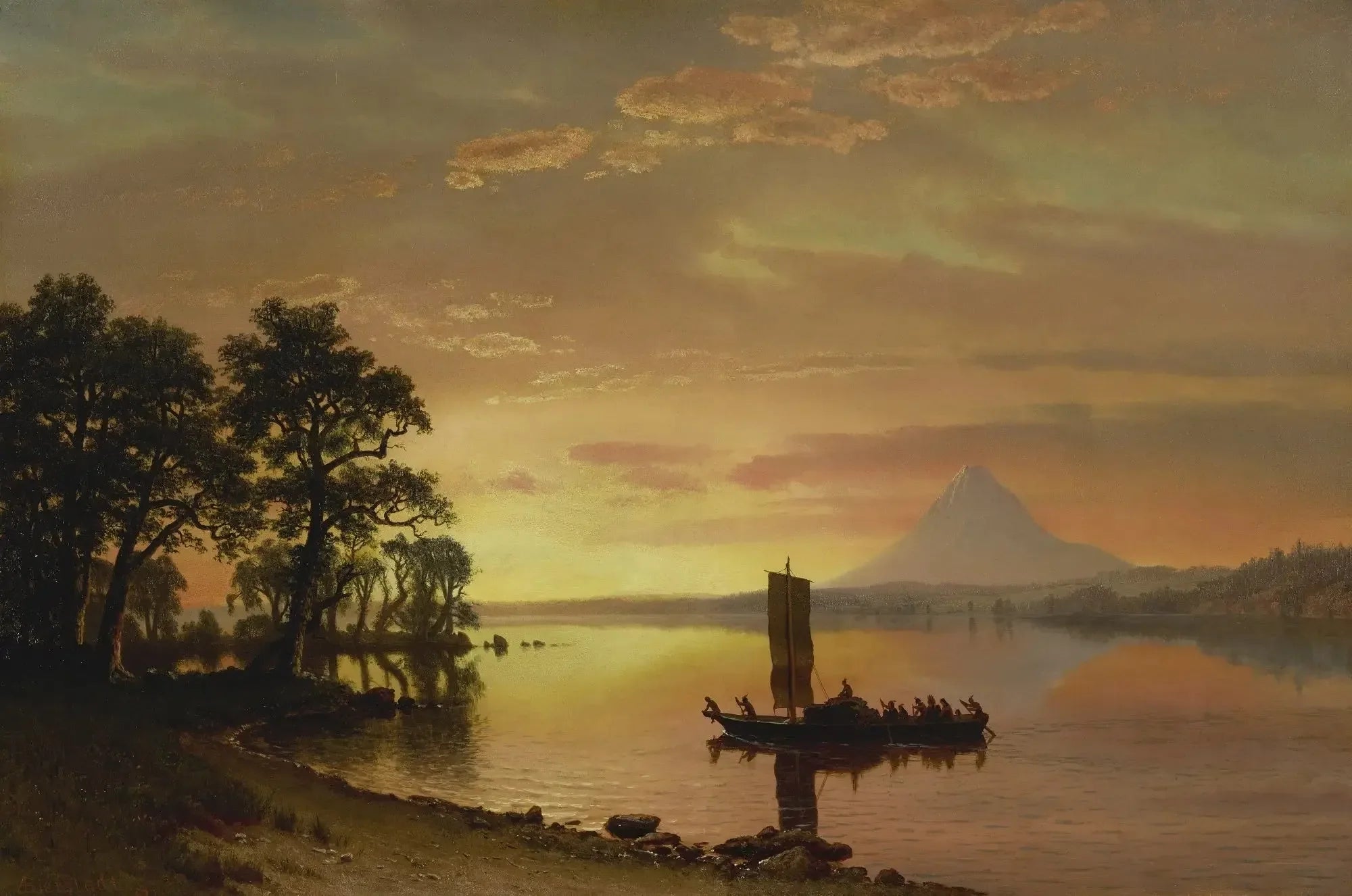 Indiens traversant le fleuve Columbia [avec le mont Hood au loin] - Albert Bierstadt image 1 reproduction artisanale de tableau