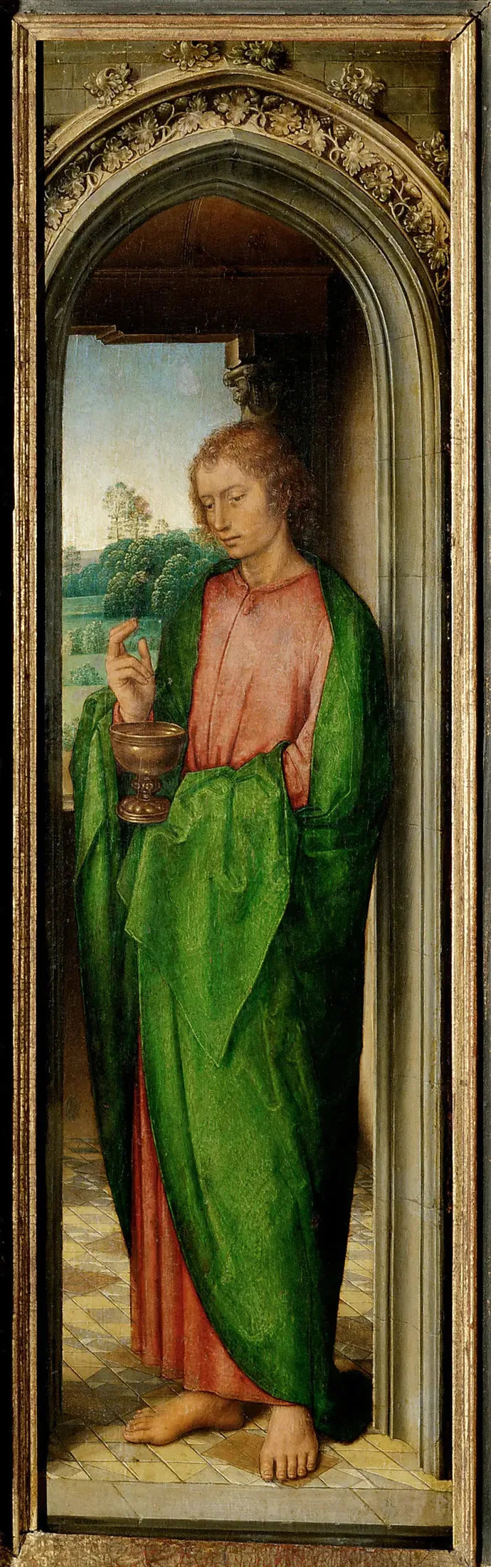 Innenflügel des Johannesaltärchens: Johannes der Evangelist - Hans Memling image 1 copie peinte à la main à l’huile