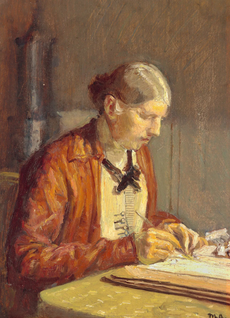 Interno con Anna Ancher, moglie dell'artista, che dipinge. - Michael Peter Ancher