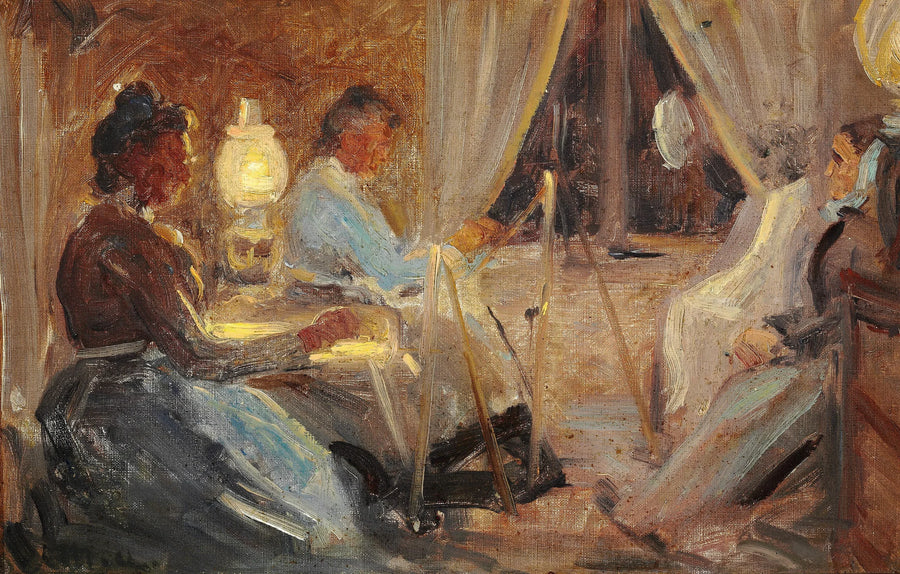 Interno con due donne che dipingono un ritratto della signora Ane Bründum. - Michael Peter Ancher