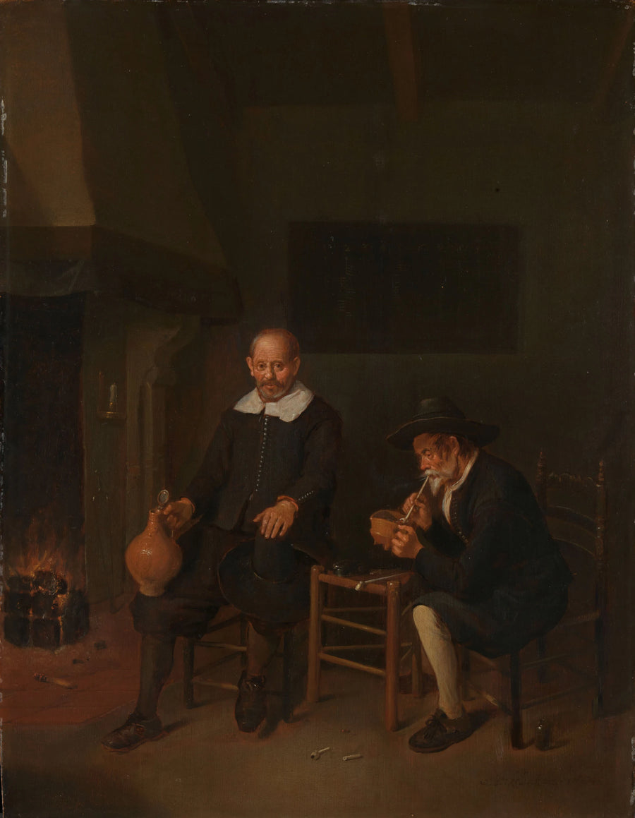 Intérieur avec deux hommes près du feu. - Quirijn van Brekelenkam