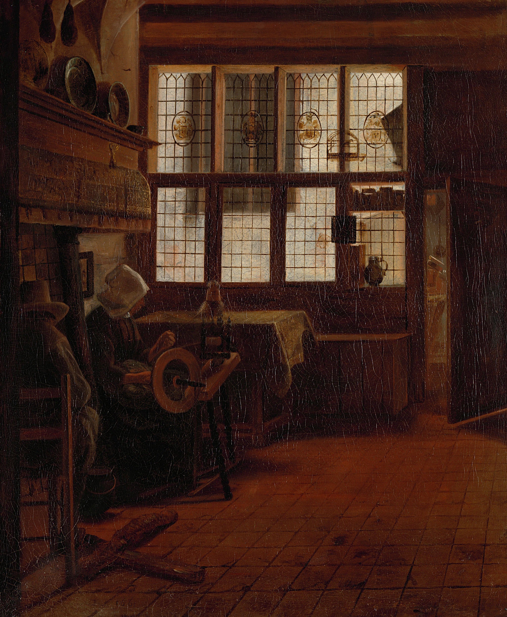 Intérieur avec femme sur un rouet. - Esaias Boursse